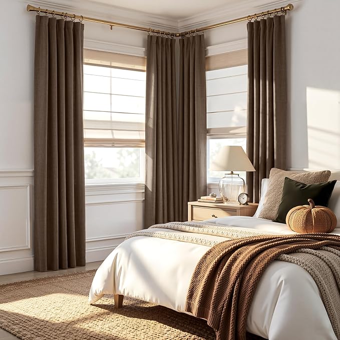 RYB HOME 100% Blackout Linen Textured Curtains 108 inches Long, Thermal Insulating Privacy Energy Saving for Bedroom Living Room Window Office Theater Patio Door, W 52 x L 108 in, Coffee, 2 Panels