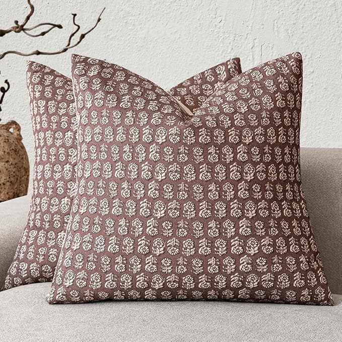 Foindtower Set of 2 Decorative Vintage Floral Print Throw Pillow Covers Neutral Modern Farmhouse Cushion Covers Boho Home Decor for Sofa Couch Chair Bedroom Living Room,22×22 Inch,Wine Red