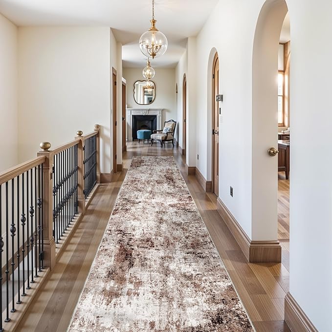3x20 Washable Runner Rug for Hallway: Extra Long Runners for Entryway Living Room Dining Room - Stain and Water Resistant Rugs with Non-Slip Backing - Soft Low-Pile Carpet Brown Khaki White