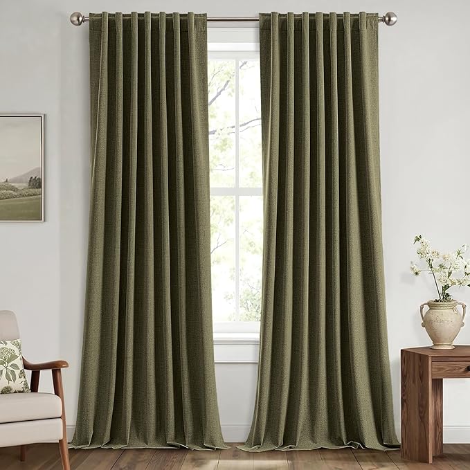 MIULEE 100% Blackout Linen Curtains for Bedroom, Light Olive Green Solid Luxury Decor Thermal Insulation Room Darkening Drapes for Living Room Nursery Back Tab Rod Pocket 42 x 96 Inches, 2 Panels