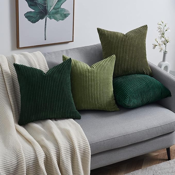 Topfinel Christmas Decorative Throw Pillow Covers Green Series,Winter Fluffy Corduroy Striped Euro Pillows Shams for Couch Bed Bedroom,Western Modern Hunter Green Pillowcase 20x20 Inch Set of 4