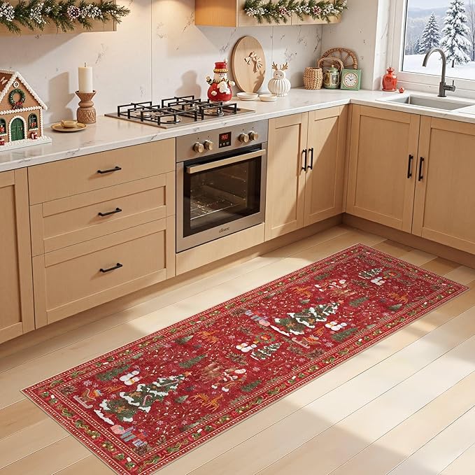 UERMEI Christmas Runner Rug for Hallway: 2x6 Neutral Modern Festive Low Pile Soft Thin Indoor Carpet for Bedroom Kitchen Mat Kids Room Holiday Decor - Red