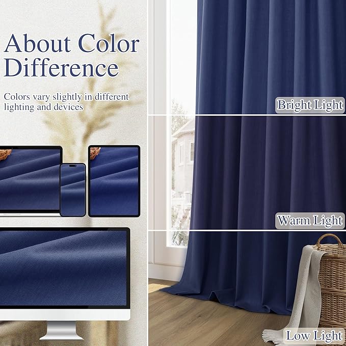 Guken Classic Blue 100% Blackout Linen Curtains 90 Inch Length 2 Panels Set for Living Room Bedroom Back Tab Rod Pocket Thermal Insulated Black Out Drapes Room Darkening Window Curtains