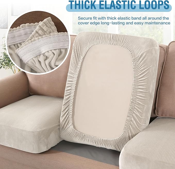 H.VERSAILTEX Velvet Stretch Couch Cushion Cover Plush Cushion Slipcover for Chair Cushion Furniture Protector Seat Cushion Sofa Cover (1 Piece Armchair Cushion Covers, Ivory Striped)