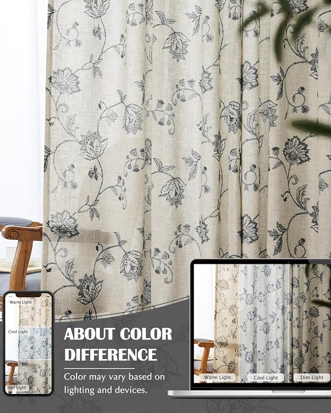 Jinchan Linen Floral Curtains 63 Inch Length for Living Room & Bedroom - Light Filtering Rod Pocket Back Tab Jacobean Curtains Flax Linen Texture Window Drapes Set 2 Panels Black on Linen
