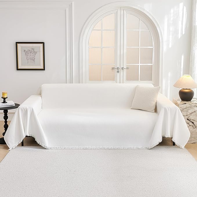 MYSKY HOME Couch Cover for Dogs Washable Couch Covers Couch Covers for Sofa Couch Cover 2 Cushion Sofa Non Slip Dogs Furniture Protector with Tassels Chenille Sofa Covers for Pets, 71"x102", White