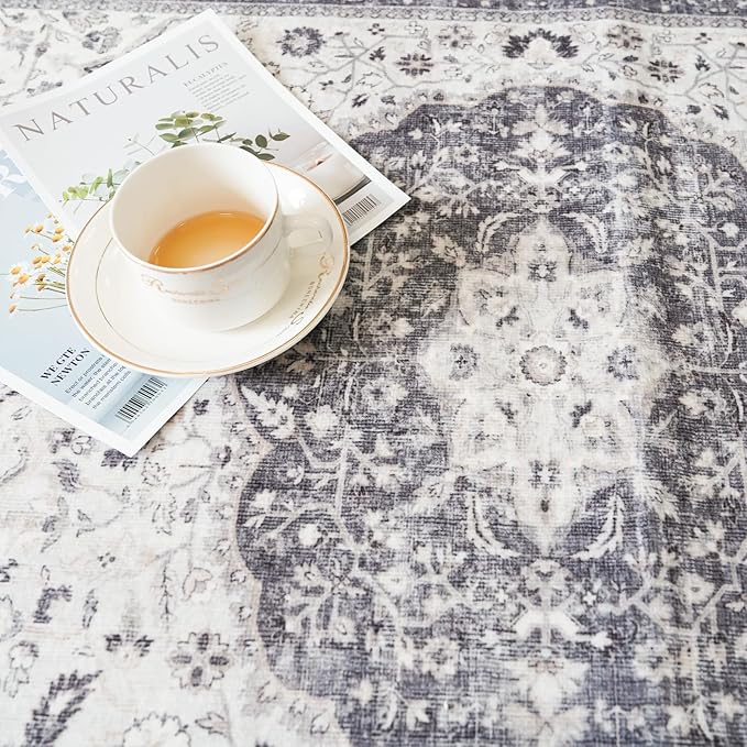 Hallway Washable Runner Rug - 2'6x14 Kitchen Rugs Entryway Rug Runner Vintage Soft Floor Mat Non Slip Indoor Farmhouse Carpet for Bathroom Living Room Bedroom (2'6''x14', Grey)