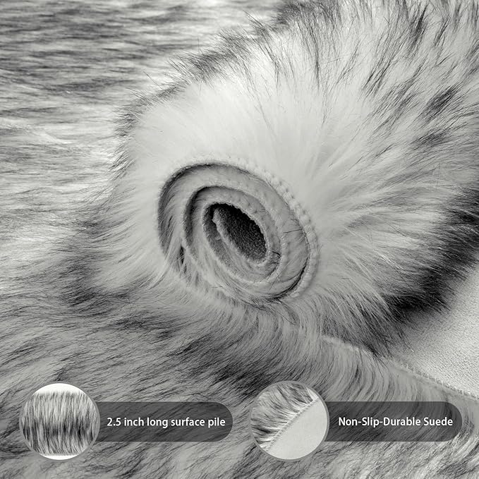 Ciicool Faux Sheepskin Rugs Soft Faux Fur Rug White Gradient Sliver Black Fluffy Chair Couch Cover Fuzzy Carpet for Bedroom Floor Sofa Living Room 2x3 Feet