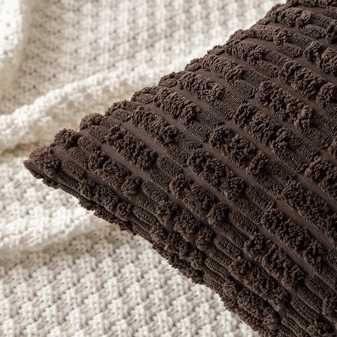 MIULEE Pack of 2 Corduroy Decorative Euro Sham Throw Pillow Covers 24x24 Inch Soft Boho Striped Pillow Covers Modern Farmhouse Home Decor for Sofa Living Room Couch Bed Dark Brown