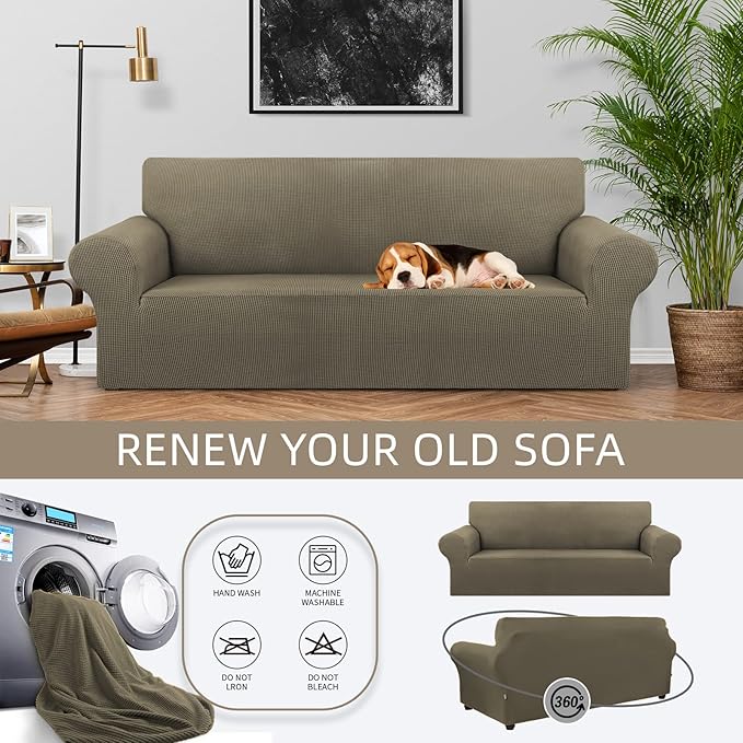 KEKUOU Stretch Sofa Cover Slipcover ，Couch Covers for 3 Cushion Couch Sofa pet Friendly (78"-94") Furniture Protector Sofa with Elastic Bottom for Kids,Dog, Jacquard Small Checked(Large,Khaki)