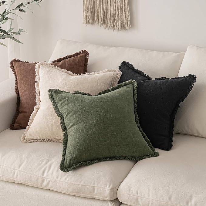MIULEE Decorative Throw Pillow Covers Neutral Linen Fringe Throw Pillows Euro Shams Set of 2 Black Boho Farmhouse Cushion Covers for Couch Sofa Bed Living Room Spring Home Decor 22x22 Inch