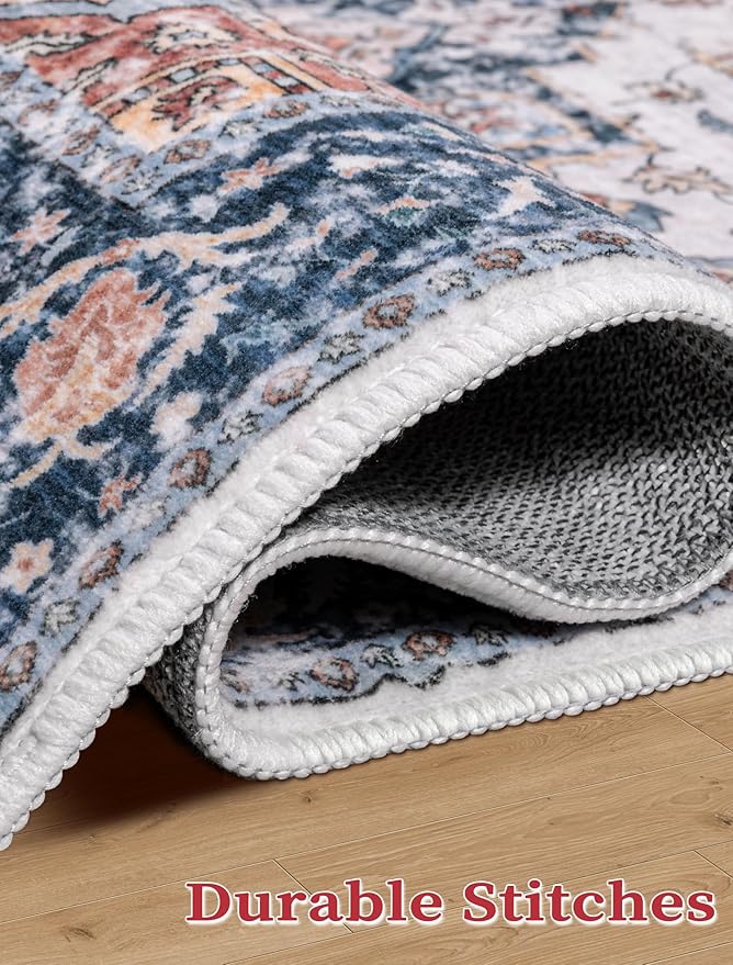 SERISSA Boho Washable Runner Rug, 2x5 Rug Non-Slip Vintage Blue Orange Hallway Kitchen Runner Rug Ultra Soft Print Distressed Tribal Floor Carpet for Bedroom Bathroom Laundry Room