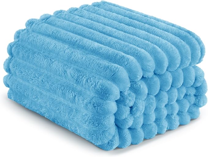 Exclusivo Mezcla Fleece Throw Blanket for Couch, Super Soft Striped Jacquard Bed Blanket, Lightweight Fuzzy Cozy for All Seasons, 50x60 Inches, Blue