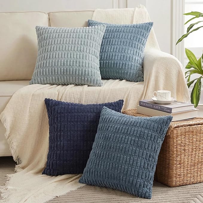 Fancy Homi Set of 4 Blue Decorative Throw Pillow Covers 12x12 Inch for Couch Bed Chair, Modern Farmhouse Boho Room Decor, Soft Fuzzy Corduroy Textured Striped Coastal Blue Cushion Case 30cm
