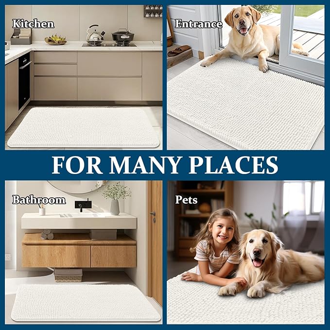 OLANLY Dog Door Mat for Muddy Paws 59x24, Absorbs Moisture and Dirt, Absorbent Non-Slip Washable Doormat, Quick Dry Chenille Mud Mat for Dogs, Entry Indoor Entryway Carpet for Inside Floor, Ivory