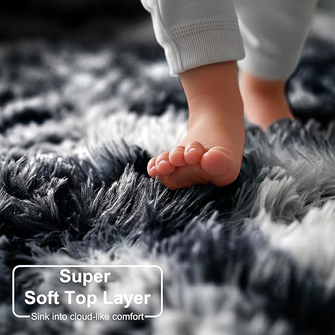 Amdrebio Black White Grey Round Rug 4Ft Circle Area Rugs for Bedroom Living Room, Fluffy Fuzzy Shaggy Furry Rugs for Kids Room Dorm Home Office, Shag Plush Floor Modern Cool Carpet for Men Teen Boys