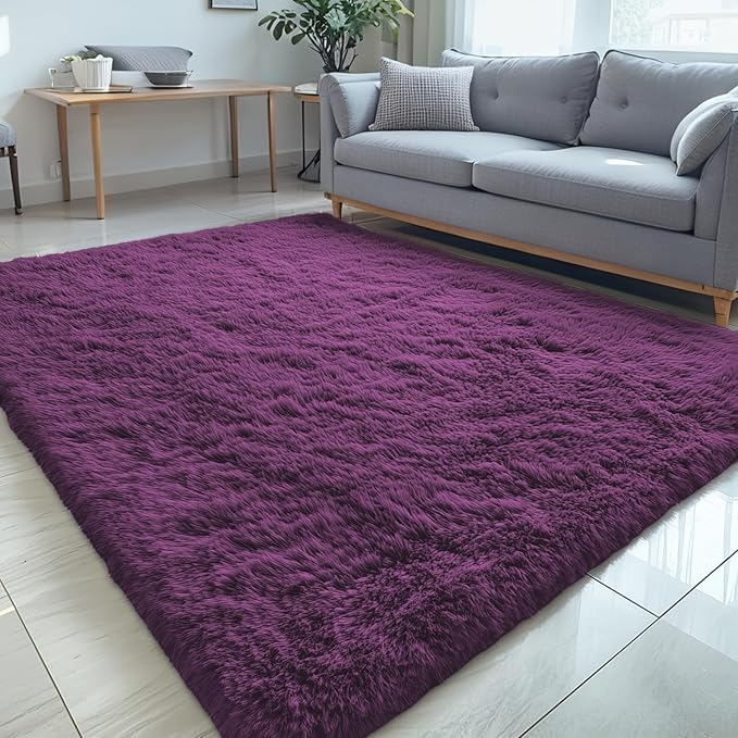 OLANLY 5x8 Machine Washable Large Area Rugs for Living Room, Bedroom, Soft Fluffy Shaggy Bedside Rug, Indoor Floor Carpet for Kids Girls and Boys, Dorms, Nursery, Home Decor Aesthetic, Dark Purple
