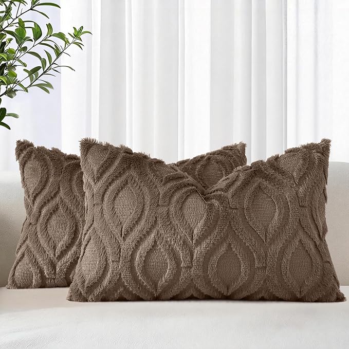 decorUhome Throw Pillow Covers 12x20 Inch Set of 2, Soft Plush Faux Wool Brown Solid Couch Pillow Covers, Accent Farmhouse Neutral Rectangle Pillow Cases for Sofa Bed Living Room