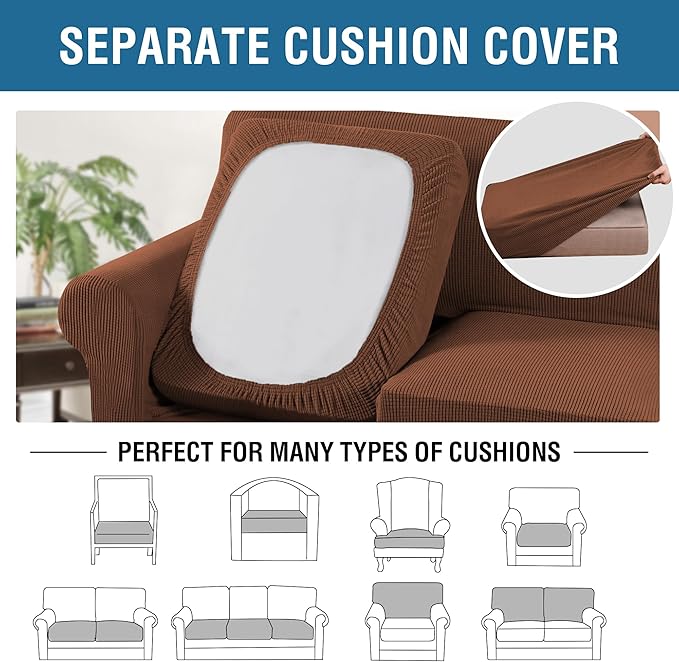 H.VERSAILTEX 3 Piece Stretch Sofa Covers for 2 Cushion Sofa Couch Covers for Living Room Sofa Slipcovers (Base Cover Plus 2 Seat Cushion Covers) Thicker Jacquard Fabric(Large Sofa, Caramel)