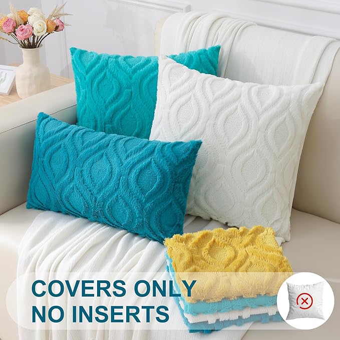 decorUhome Summer Throw Pillow Covers 12x20 Inch Set of 2, Soft Plush Faux Wool Teal Solid Couch Pillow Covers, Accent Farmhouse Neutral Rectangle Pillow Cases for Sofa Bed Living Room
