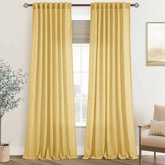 Gold Curtains for Living Room Back Tab Modern Farmhouse Semi Sheer Curtains 102 inches Long 2 Panels Set Muted Neutral Window Curtain for Dining Room Bedroom 52x102