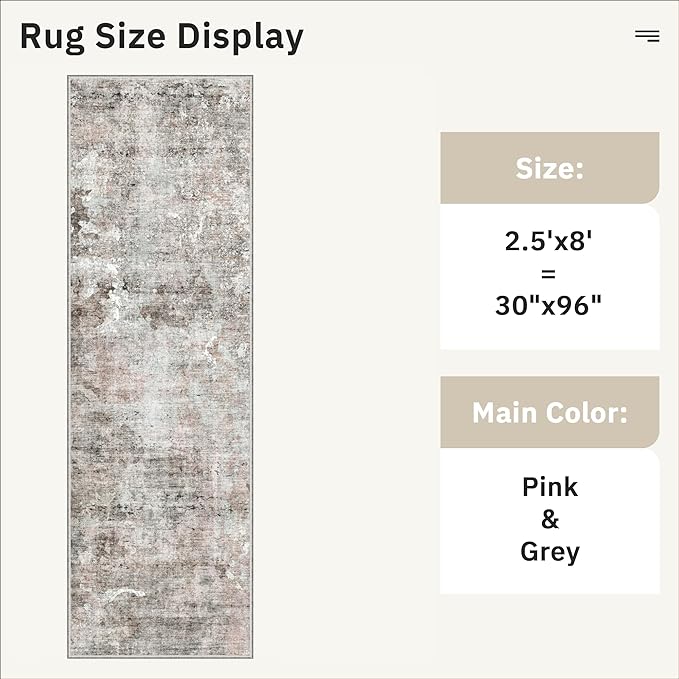 Washable Runner Rug, 2'6" x 8' Non-Slip Kitchen Vintage Foldable 2.5x8ft Hallway Runners for Entryway, Laundry, Bedroom, Pink/Grey