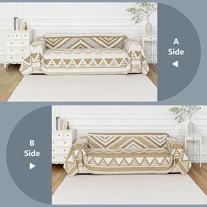 MYSKY HOME Boho Couch Cover for Dogs Washable Khaki Rhombic Couch Sofa Protector for Loveseat Sofa with Pets Friendly Chenille Geometric Sofa Covers Soft Durable Farmhouse Sofa Slipcovers, 71" X102"