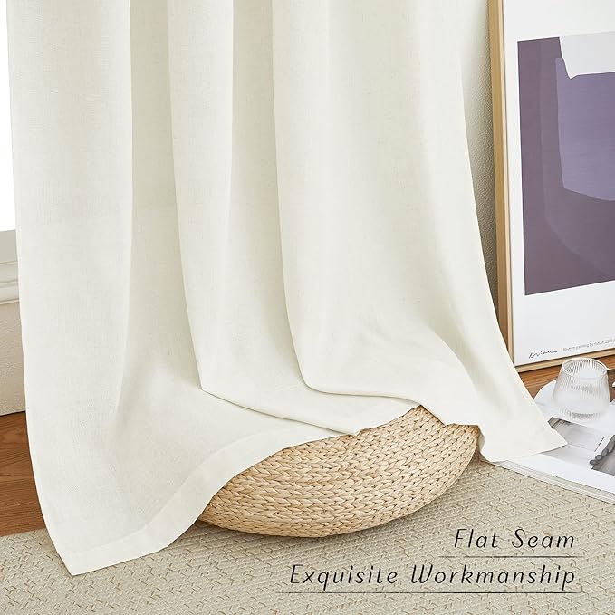 NICETOWN Thick Linen Bedroom Curtains 90 inches Long, Grommet Privacy Assured Semi Sheer Linen Burlap Drapes with Some Light Filtering for Living Room, Off White, W55 x L90, 1 Pair
