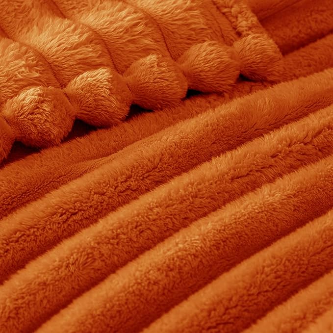 Exclusivo Mezcla King Size Flannel Fleece Blanket, Super Soft Striped Jacquard Bed Blanket, Lightweight Fuzzy Cozy for All Seasons, 90x104 Inches, Burnt Orange