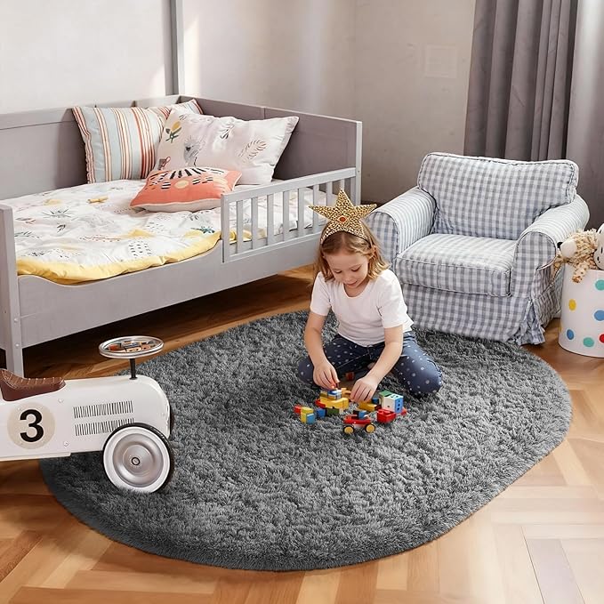 Ophanie 3x5 Oval Rug, Bedside Preppy Dorm Area Rug, College Essentials Non Slip Grey Small Carpets for Bedroom, Anti Slip Fluffy Gray Living Room Rugs Home Decor Aesthetic, Nursery