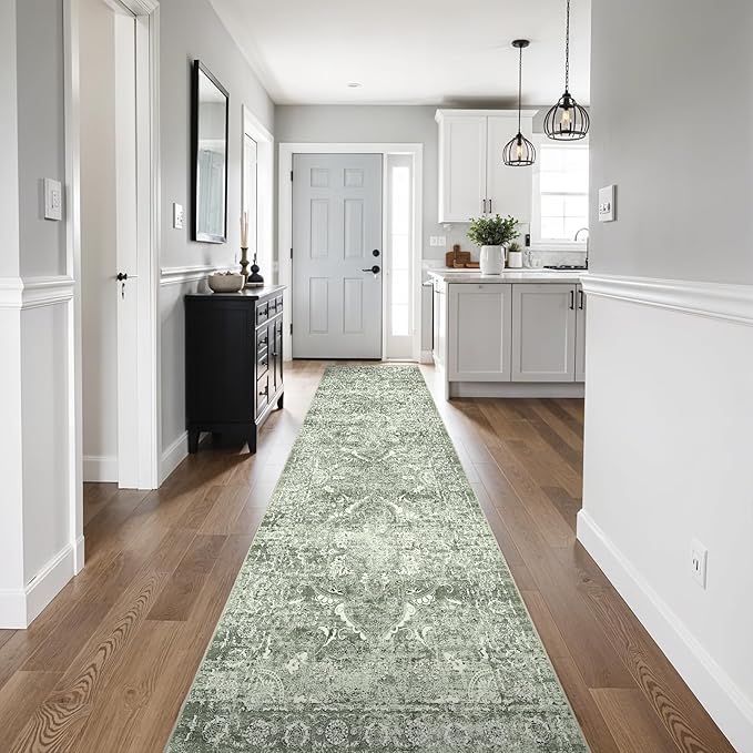 2'6"x14' Washable Hallway Runner Rug - Non Slip Kitchen Runner Rugs with Rubber Backing Vintage Low-Pile Carpet Runners for Entryway Dining Room Laundry Room Home Decor (Muted Sage Green)