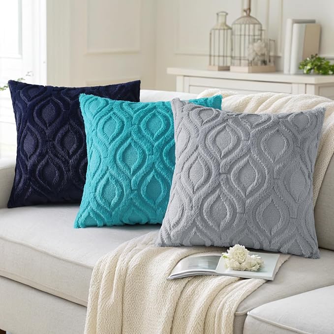decorUhome Summer Throw Pillow Covers 22x22 Inch Set of 2, Soft Plush Faux Wool Navy Blue Solid Couch Pillow Covers, Accent Euro Sham Farmhouse Neutral Square Pillow Cases for Sofa Bed Living Room