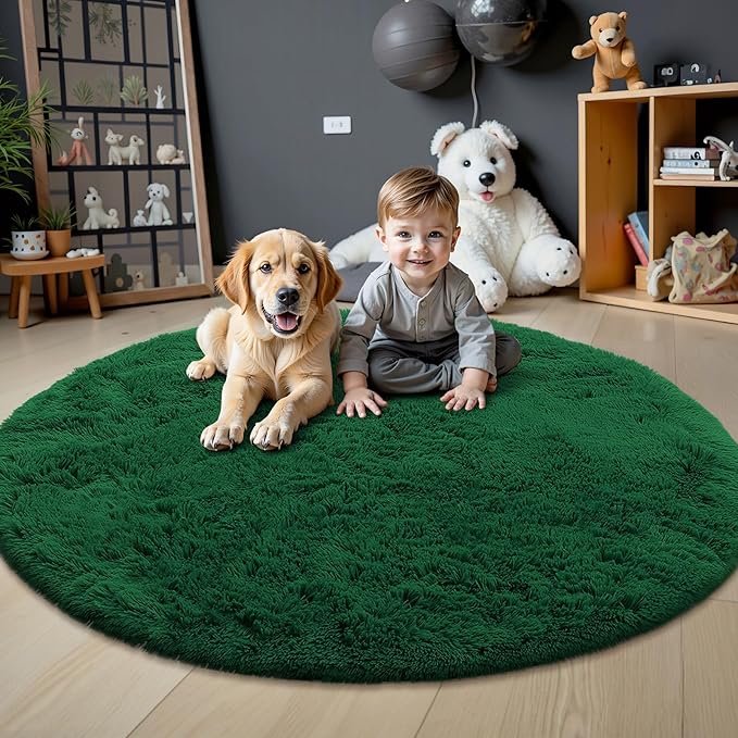 OLANLY Dark Green Round Rugs for Bedroom - Machine Washable, 9 ft Circle Area Rugs for Living Room, Soft and Fluffy Shaggy Carpet for Teen Girls and Boys, Nursery Rooms, Dorms, Home Decor Aesthetic
