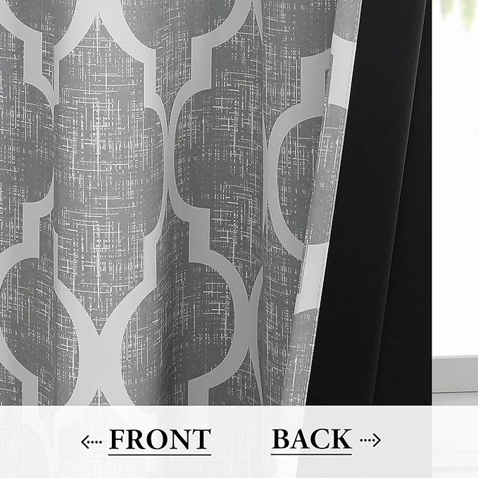 Beauoop 100% Blackout Curtains 45 Inches Long 2 Panels for Bedroom Living Room Grey Moroccan Geo Room Darkening Thermal Insulated Soundproof Grommet Top Window Treatments Drapes, 50x45 Set of 2
