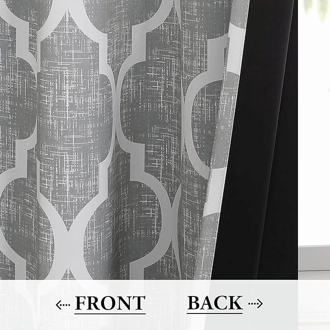 Beauoop 100% Blackout Curtains 108 Inches Long 2 Panels for Bedroom Living Room Grey Moroccan Geo Room Darkening Thermal Insulated Soundproof Grommet Top Window Treatments Drapes, 50x108 Set of 2