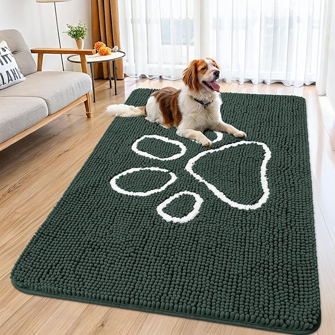 Smiry Dog Door Mat for Muddy Paws, Absorbent Dirt Trapper Non Slip Quick Dry Washable Chenille Mat for Mud Dogs, Entry Rug for Indoor and Outdoor (59x35 Inches, Green and White)