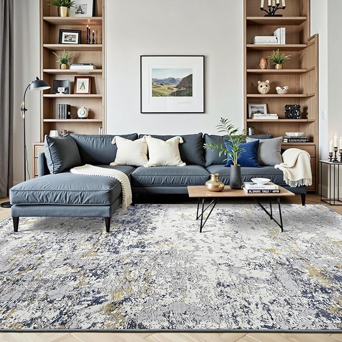 Toneed Abstract Area Rug Modern Washable Rug Soft Non Slip Rug Low Pile for Bedroom Living Room Dining Room Blue 8x10 Feet