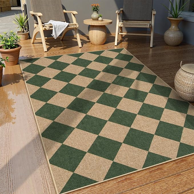 Lahome Colette Checkered Outdoor Patio Easy Jute Rug, 3x5 Dark Green Washable Front Porch Door Rug, Farmhouse Indoor Outdoor Carpet Non Slip Non Shedding Carpet for Entryway Living Room Deck