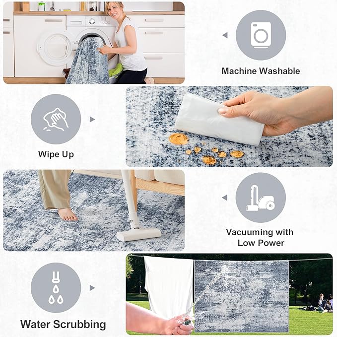 Area Rugs 9x12 Living Room - Washable Rug Modern Abstract Soft Large Neutral Non-Slip Carpet Indoor Floor Thin Carpets for Bedroom Dining Room Farmhouse Nursery Home Office Grey Blue