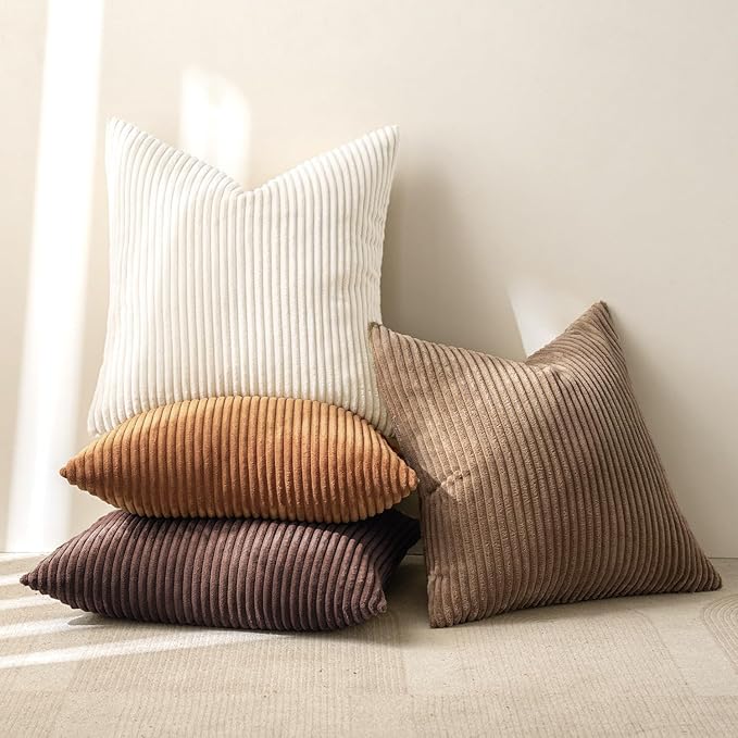 MIULEE Boho Farmhouse Throw Pillow Covers 24x24 Inch Set of 4 Rustic Mordern Neutral Cushion Covers Soft Corduroy Nordic Home Decor for Couch Bed Sofa Living Room Brown