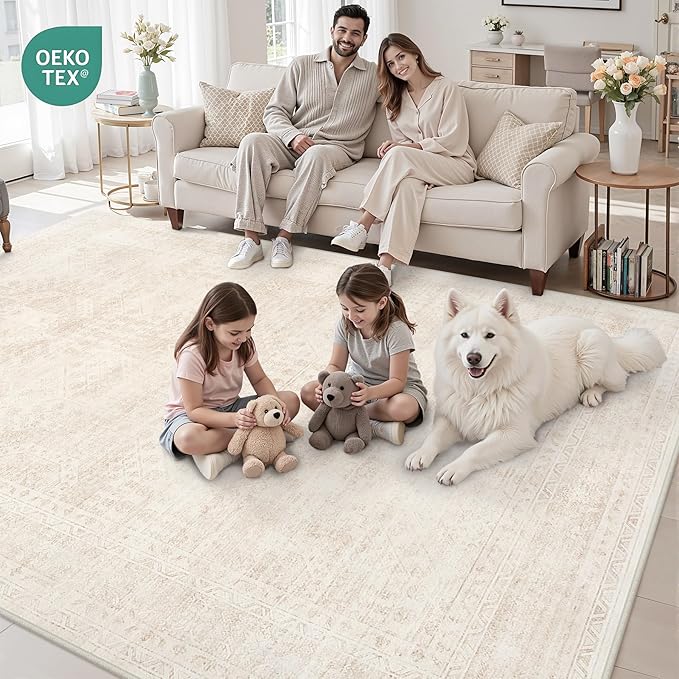 8x10 Area Rugs for Living Room: Vintage Boho Neutral Washable Rug Indoor Soft Large Area Rug Carpet for Bedroom Nursery Farmhouse Dining Room Office Floor Non-Slip Low Pile Under Table Rug Beige