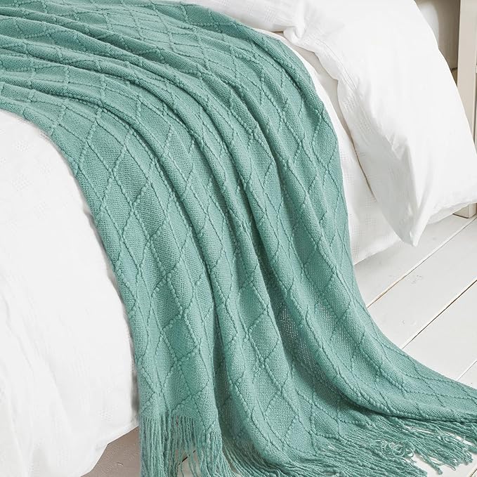 BOURINA Dark Cyan Throw Blanket 50 x90 Inches Textured Solid Soft Sofa Throw Bed Runner Knitted Decorative Blanket