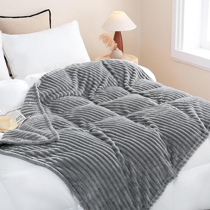 Grey Fleece Throw Blanket 90”×90” for Couch Sofa Bed,Super Soft Cozy Plush Microfiber Flannel Blanket with Stripes Design Lightweight for Adults,Woman,Girls