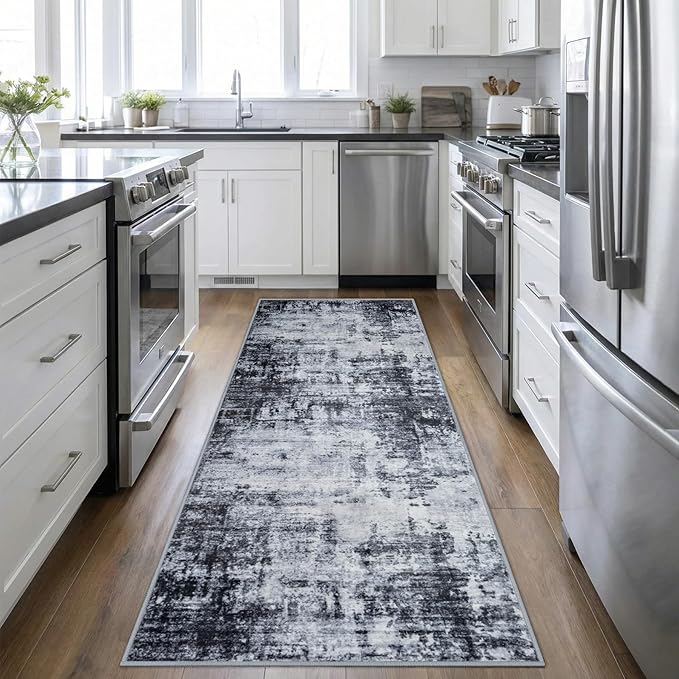 2.6'x8' Runner Rug Washable Rug;Modern Abstract Soft Thin Runner Rug Dark-Black