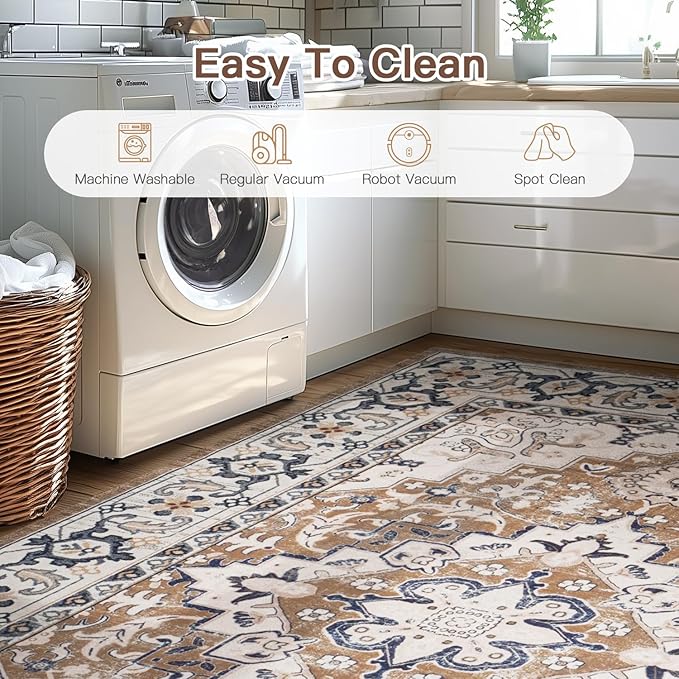 Lofus 2x10 Hallway Washable Runner Rug, Vintage Kitchen Runners Non Slip, Entryway Rugs for Bathroom Bedroom Living Room Laundry Room Floor Mat, Boho Entry Long Carpet, Floral Brown