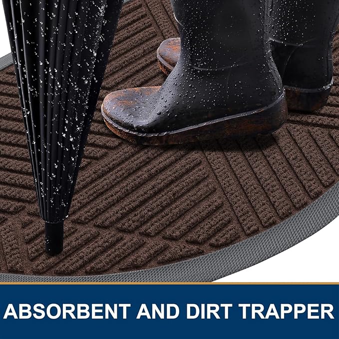 Smiry Half Circle Front Door Mat Outside Entrance, Heavy Duty Sturdy Natural Rubber Doormat, Trap Dirt and Moisture, Low Profile Mats for Indoor Outdoor Entry, Irregular Triangle (35x23, Dark Brown)