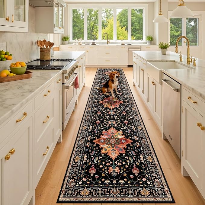 Area Rugs 2'6''x10' Runner Rug Non Slip Washable for Kitchen Hallway Bedroom Beside Laundry Room Bathroom Rug, Floor Carpet, Black Colorful Floral Dark Tan