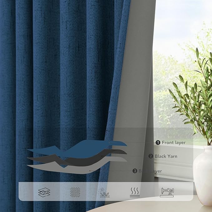 Navy Blue Short Blackout Curtains 54 Inch Length 2 Panels for Bedroom Men Room Decor Darkening Linen Textured Insulated Curtains for Living Room Bathroom Window Dark Navy Midnight Blue Wide 52x54 Long