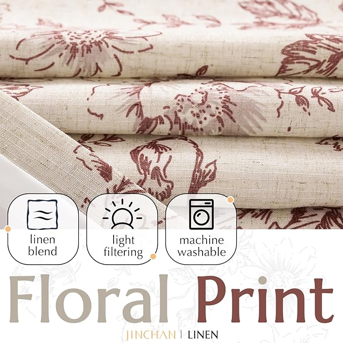 jinchan Lined Linen Blend Curtain Floral Curtains for Living Room 96 Inches Long Farmhouse Red Flower Printed Curtain Rod Pocket Back Tab Peony Patterned Drapes Curtains Set 2 Panels