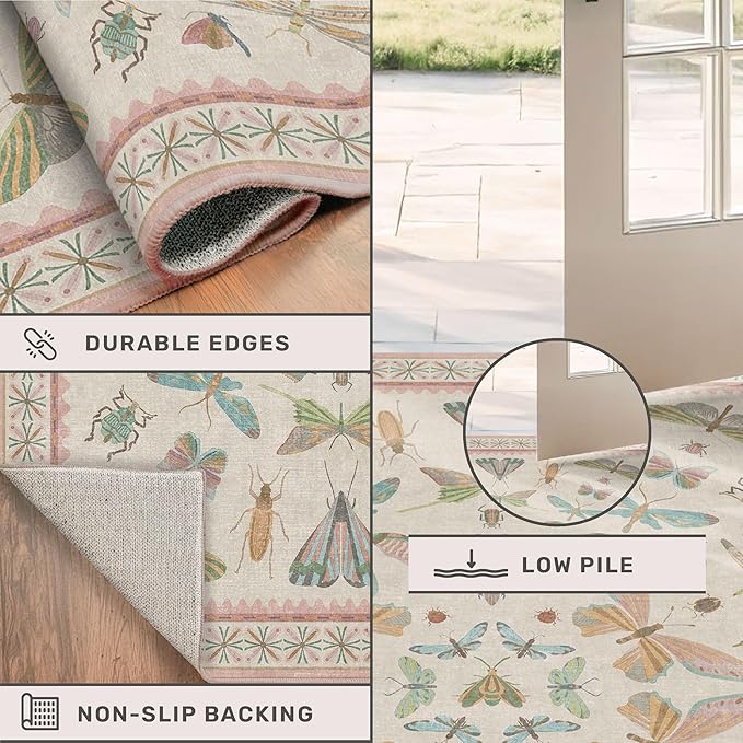 Hazo Haus Neutral Girl Nursery Rug 4x6 - Beige & Pink Rugs for Bedroom, Living Room - Washable Low Pile Non-Slip Charming Insect Print Vintage Girly Design, Perfect for Kids Rooms